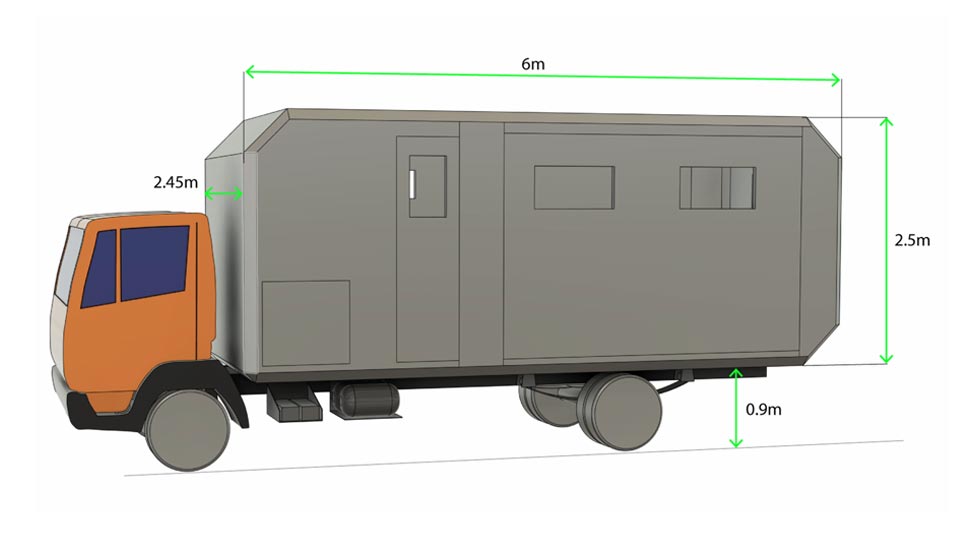 CAD drawing of a camper truck exterior with written dimensions