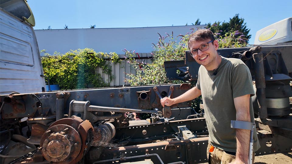 Pete with his scrapyard find - the rear end from a 1998 Mercedes 815