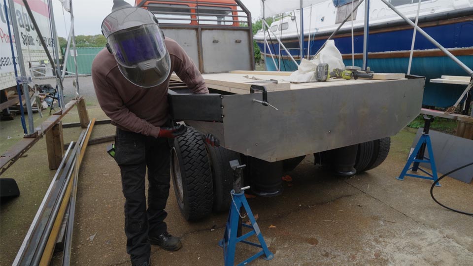 Pete mocks up the funky shapes of Moose's rear bumper