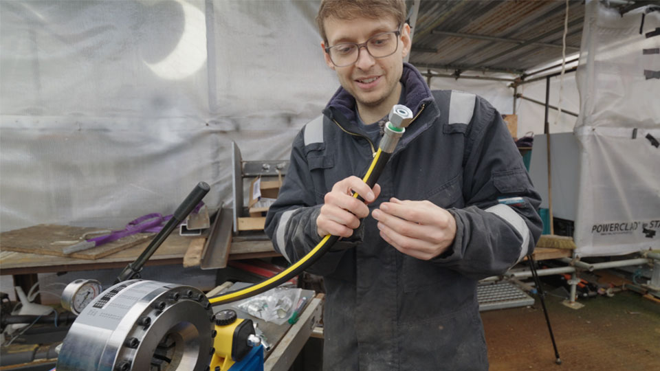 Pete making air hoses on his nifty little swaging machine