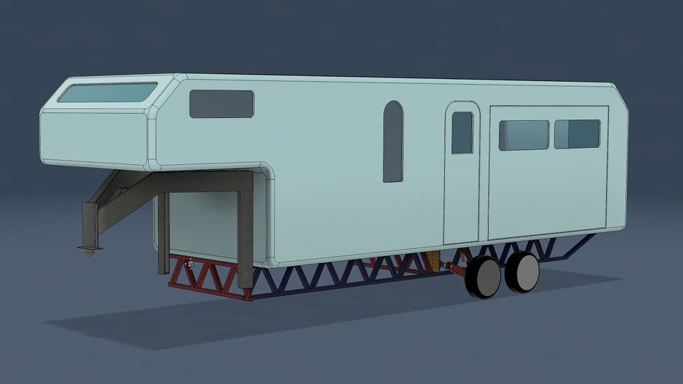 CAD drawing of our tiny home with gooseneck style front nose